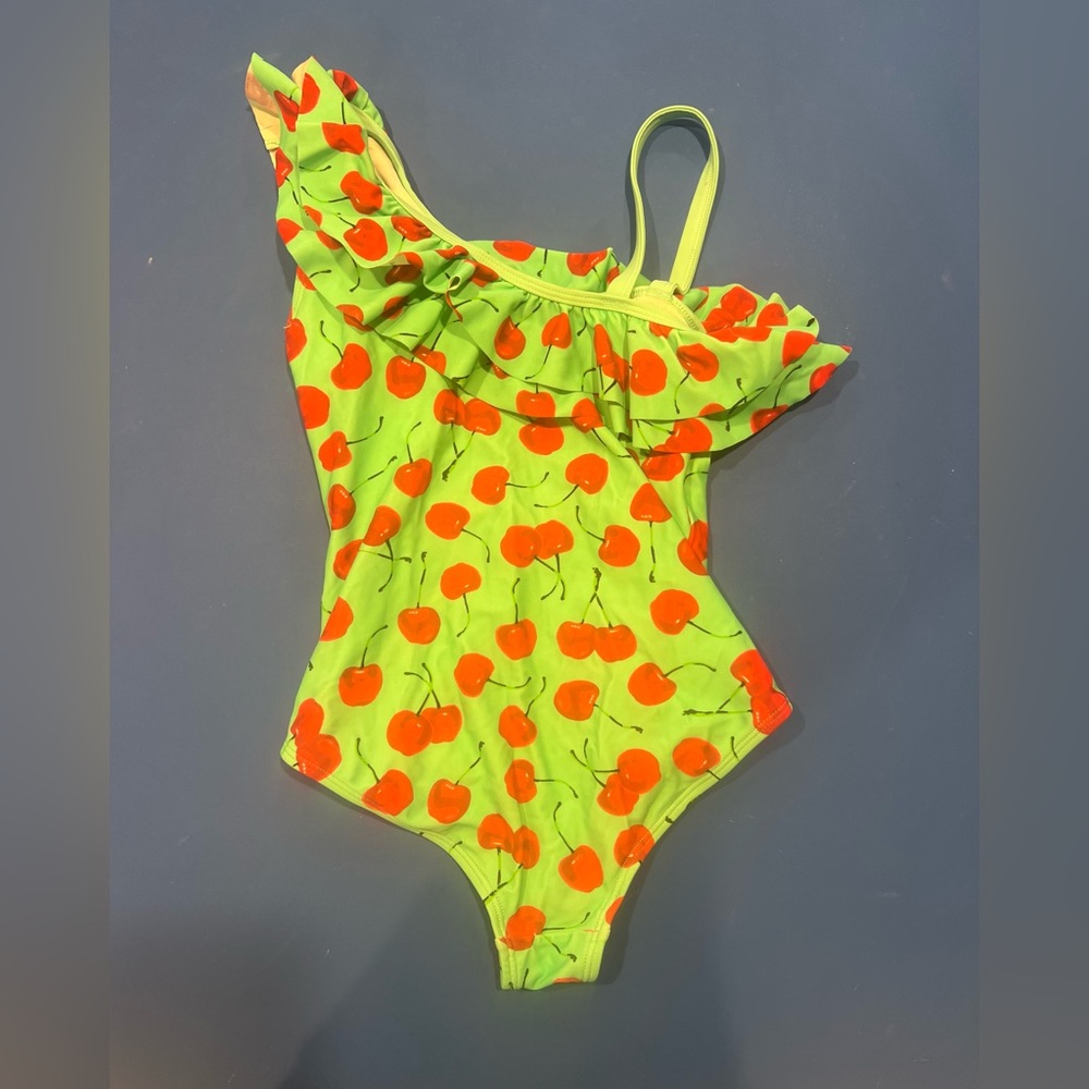 Kanu Surf Girls Ruffle 1-Shoulder 1-Piece Cherries Pattern Swimsuit. Size 10.